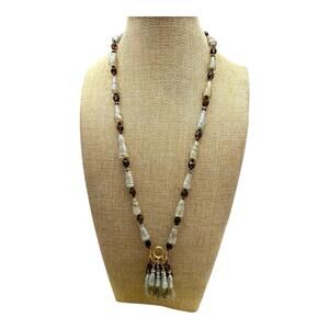 Vintage Glass Bead Tassel Necklace Gray/Brown Gold-Tone With Clasp 28 Inches